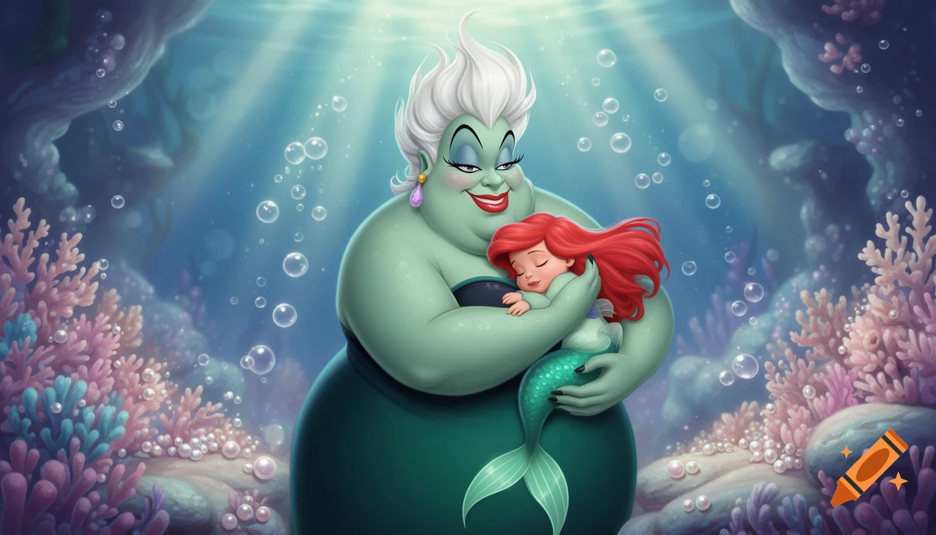Ursula, a large green sea witch with white hair, tenderly holds a tiny, sleeping red-haired mermaid baby Ariel underwater.