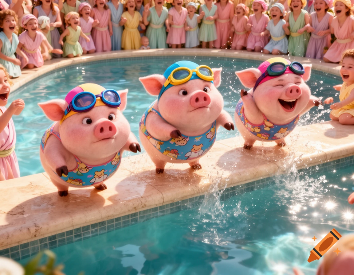 Three cartoon pigs in swim caps and goggles stand by a swimming pool, two splashing excitedly and one looking determined, with a crowd of laughing children in the background.
