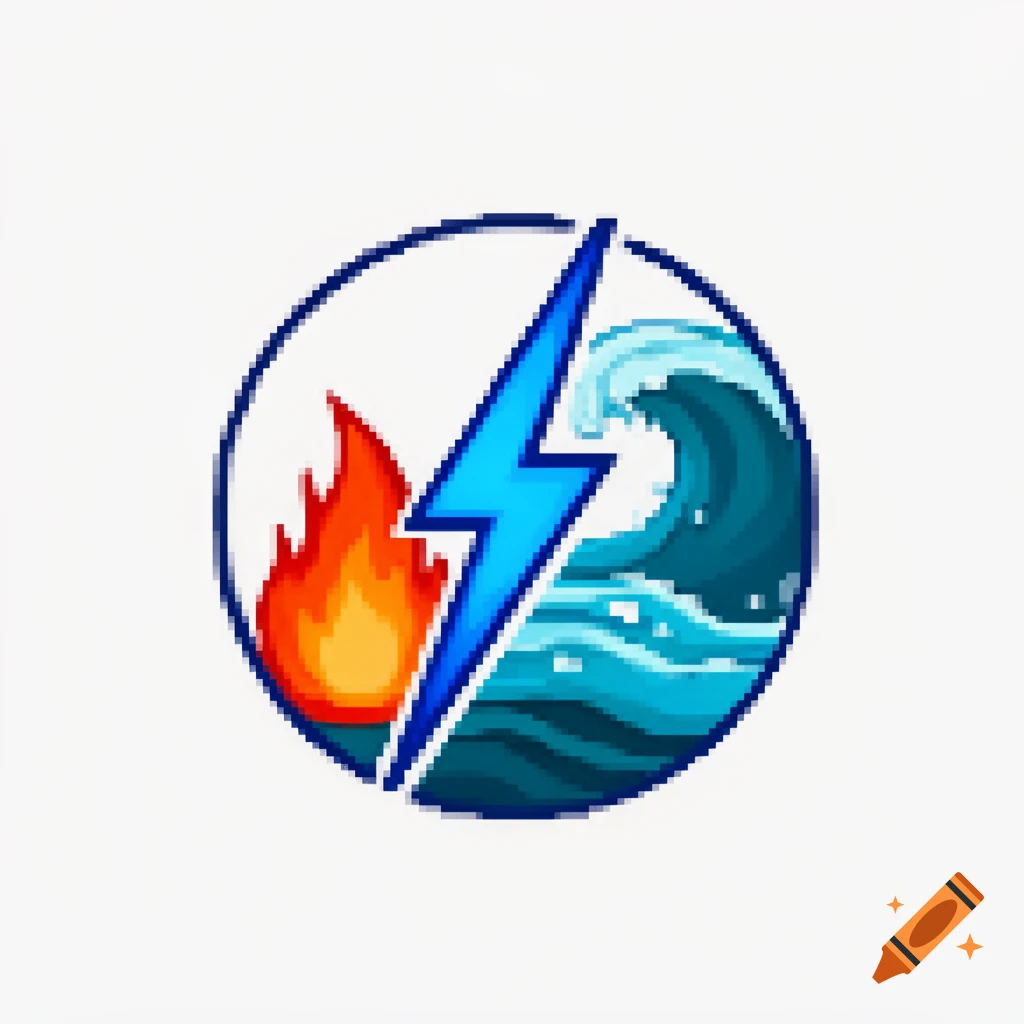 A pixel art icon showing a lightning bolt dividing a circle, with fire on one side and raging waves on the other.
