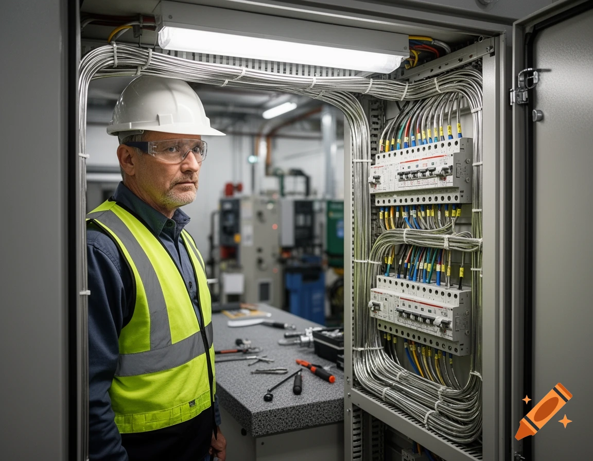 Photorealistic image of an electrician in a hard hat and safety vest standing next to a structured electrical distribution panel.