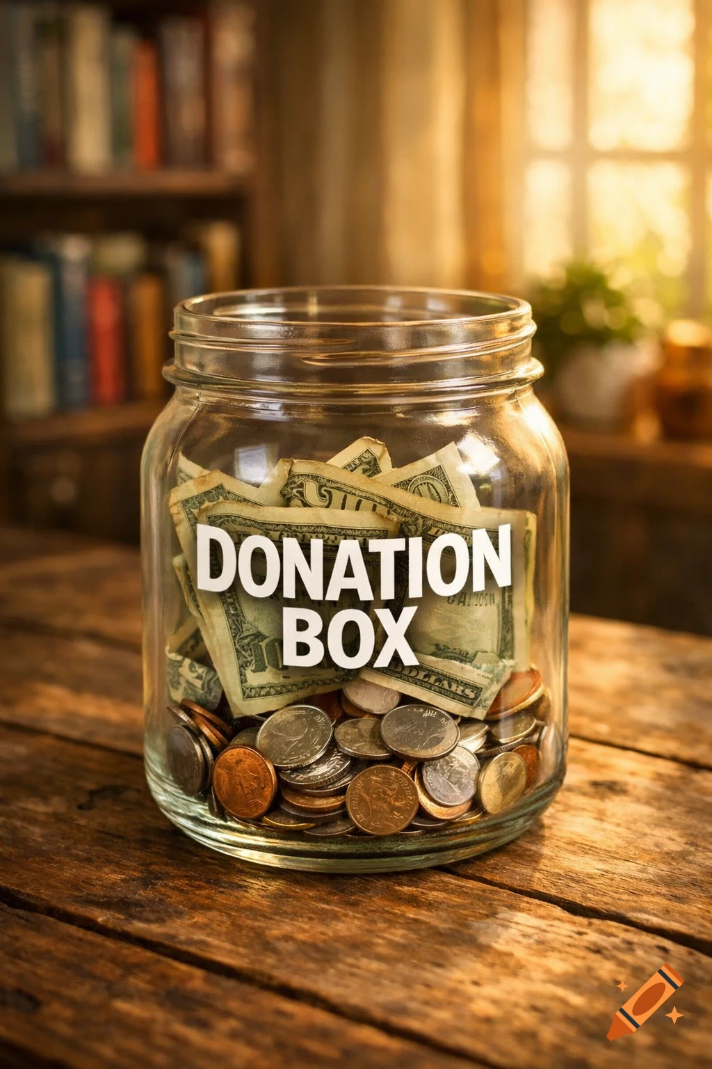 A clear glass jar labeled 'DONATION BOX' filled with paper money and coins sits on a rustic wooden table.