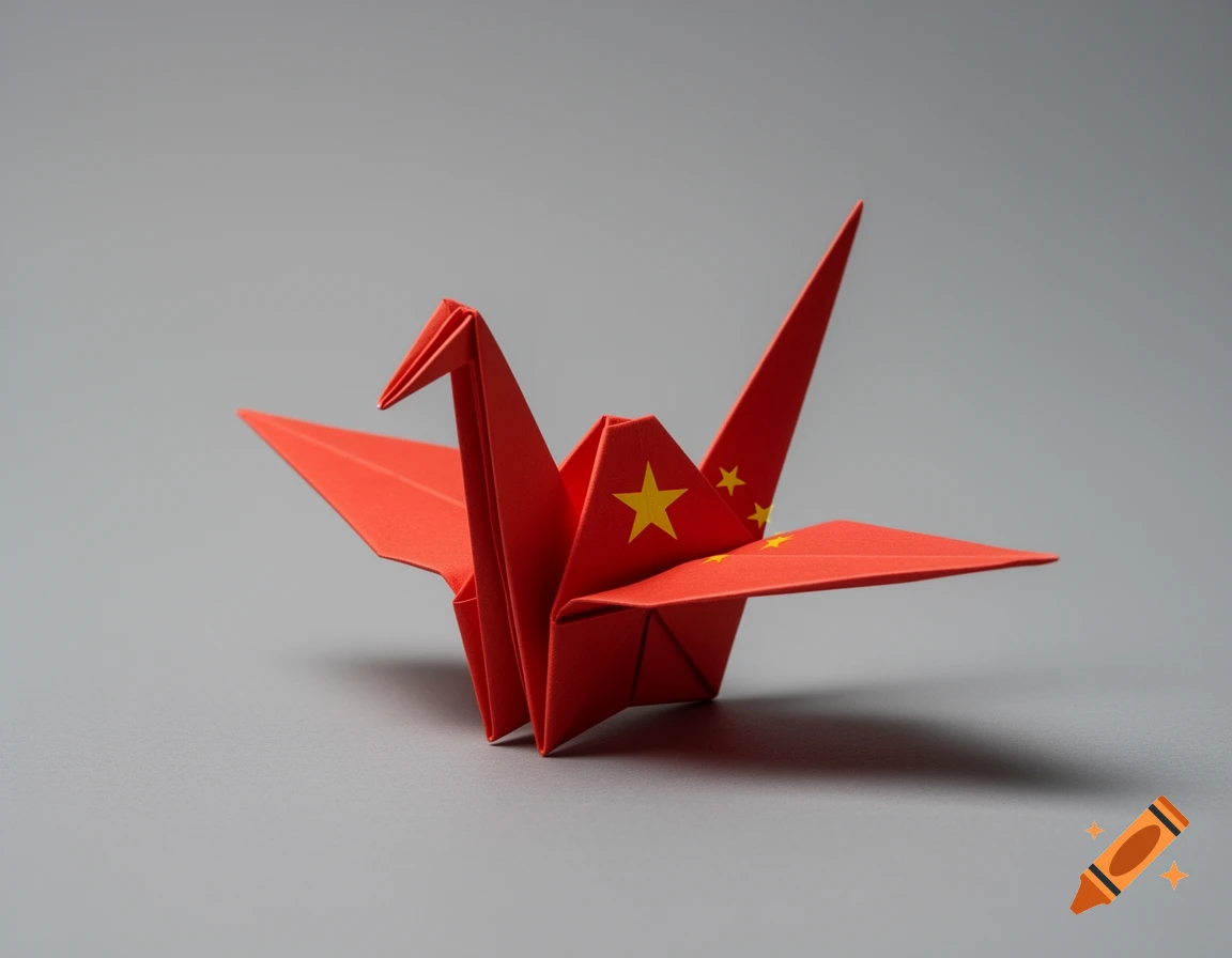 A red origami crane with yellow stars, mimicking the Flag of China, rests on a plain grey surface.