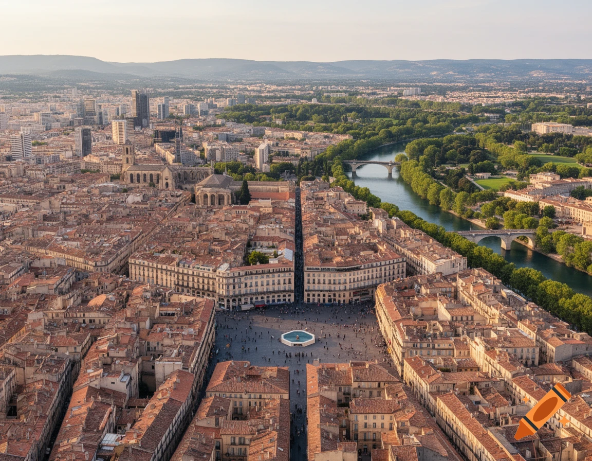 An aerial view of a bustling city center with traditional buildings, a wide river with bridges, lush green trees, and distant mountains under a clear sky.