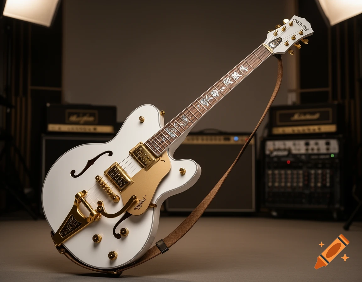 A photorealistic image of a white electric guitar with gold hardware and a brown strap, standing in a music studio.