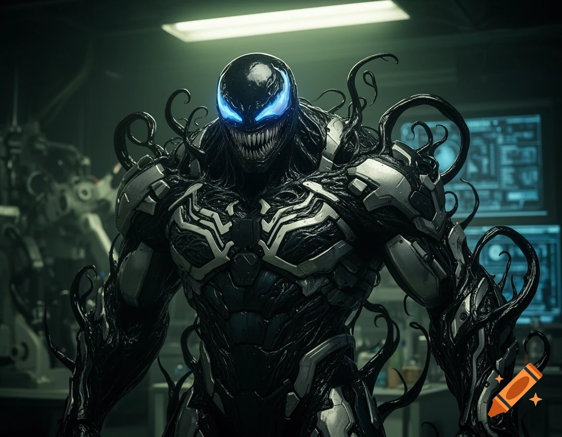Photorealistic Venom-robot hybrid with glowing blue eyes, sharp teeth, and black tendrils in a dark, tech-filled lab.