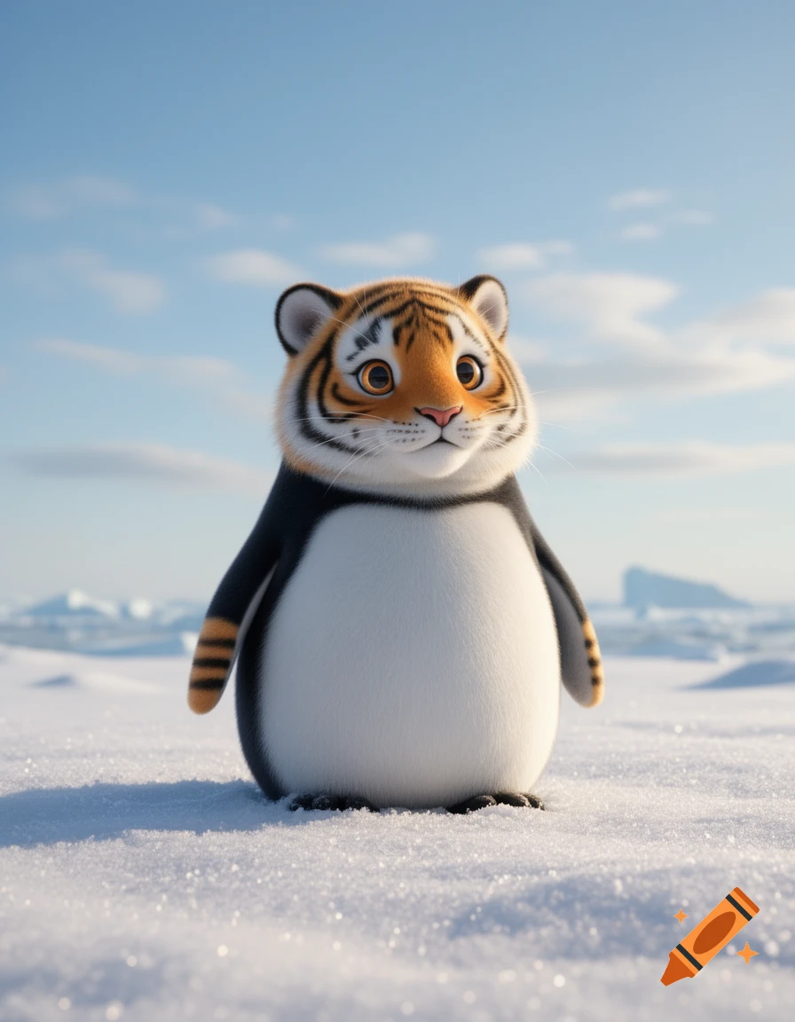 A super cute, chubby penguin-tiger hybrid creature stands in a snowy arctic landscape under a bright blue sky.