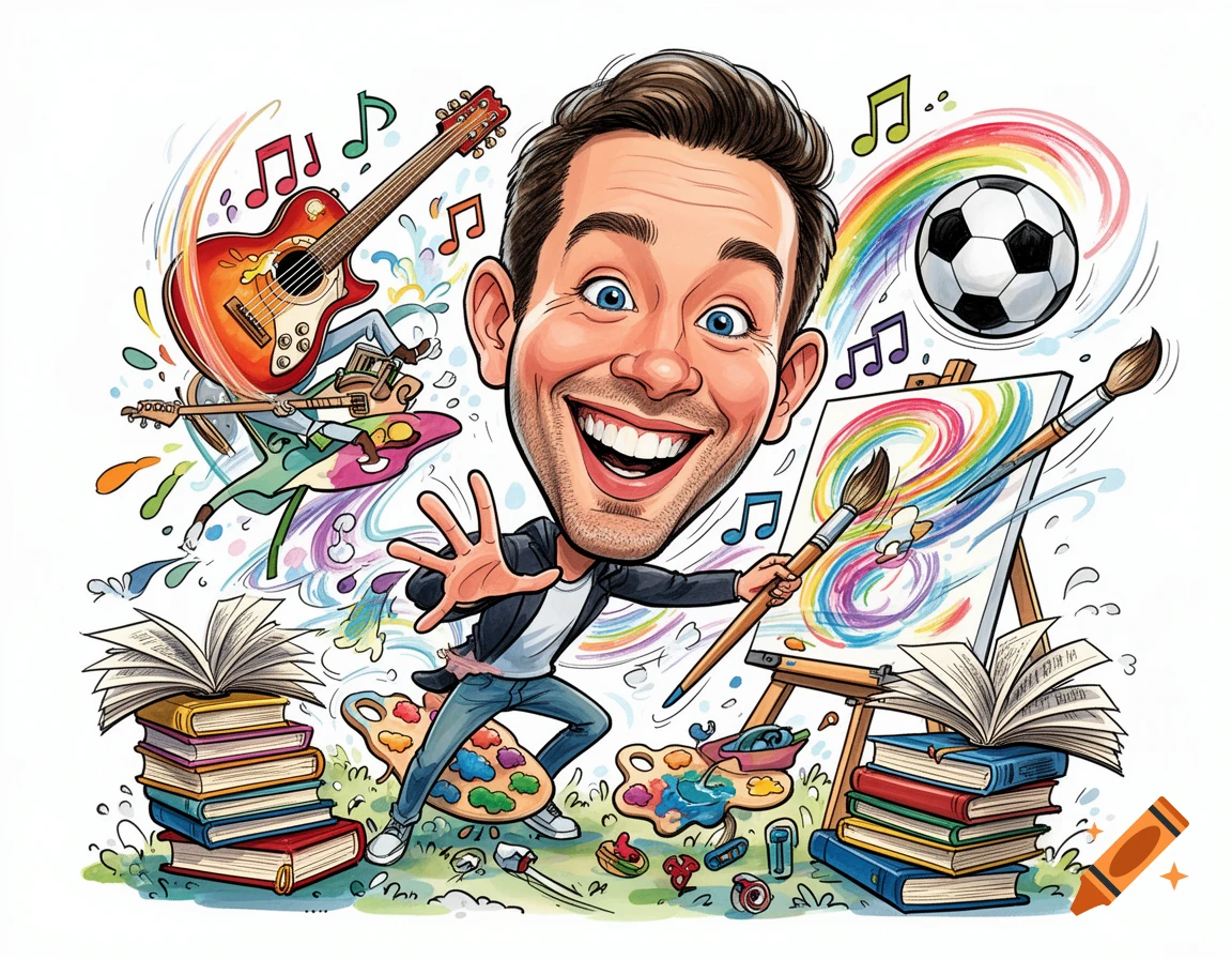 A colorful caricature of a smiling man with a large head, surrounded by hobbies including a guitar, easel with a rainbow painting, stacked books, and a soccer ball.