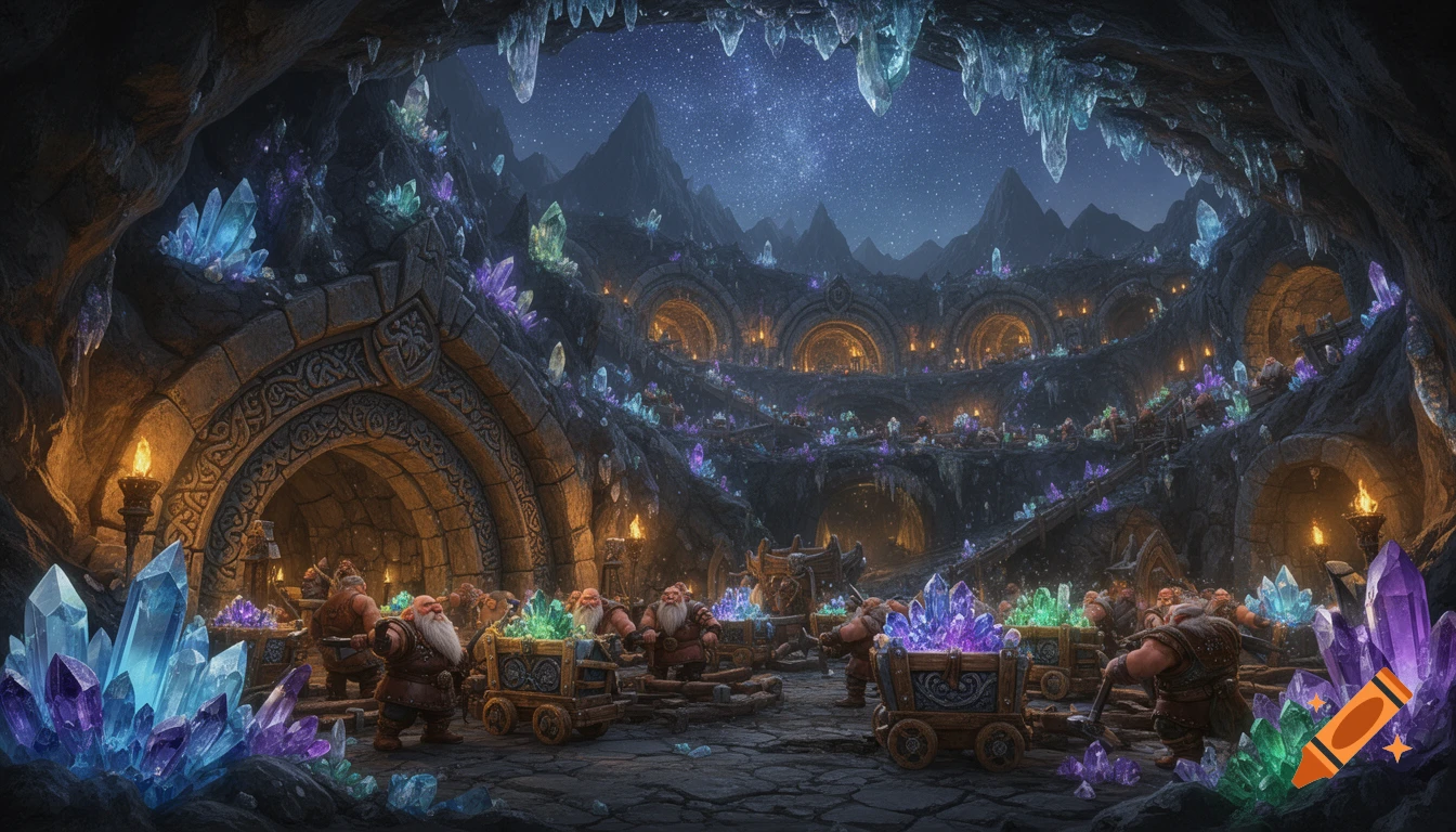 A landscape image of a fantasy dwarf crystal mine with dwarves working amidst glowing crystals under a starry sky.