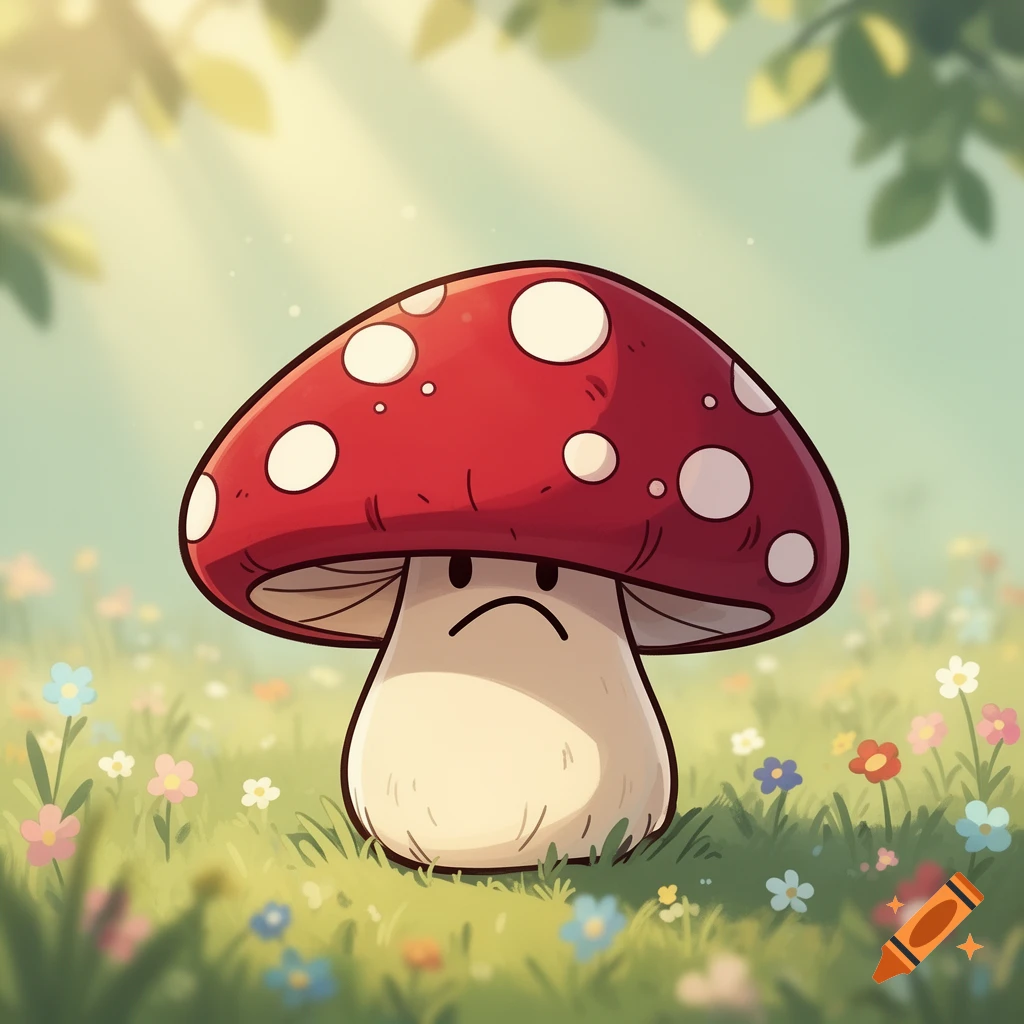 A cartoon grumpy red mushroom with white spots stands in a sunny field of small colorful flowers.