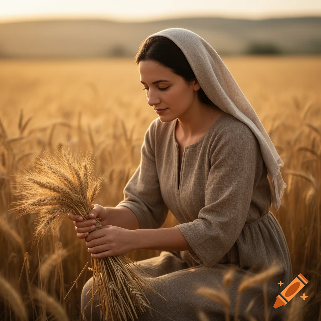 A woman in a head covering and simple dress kneels in a golden wheat field, gathering stalks at sunset, photorealistic.
