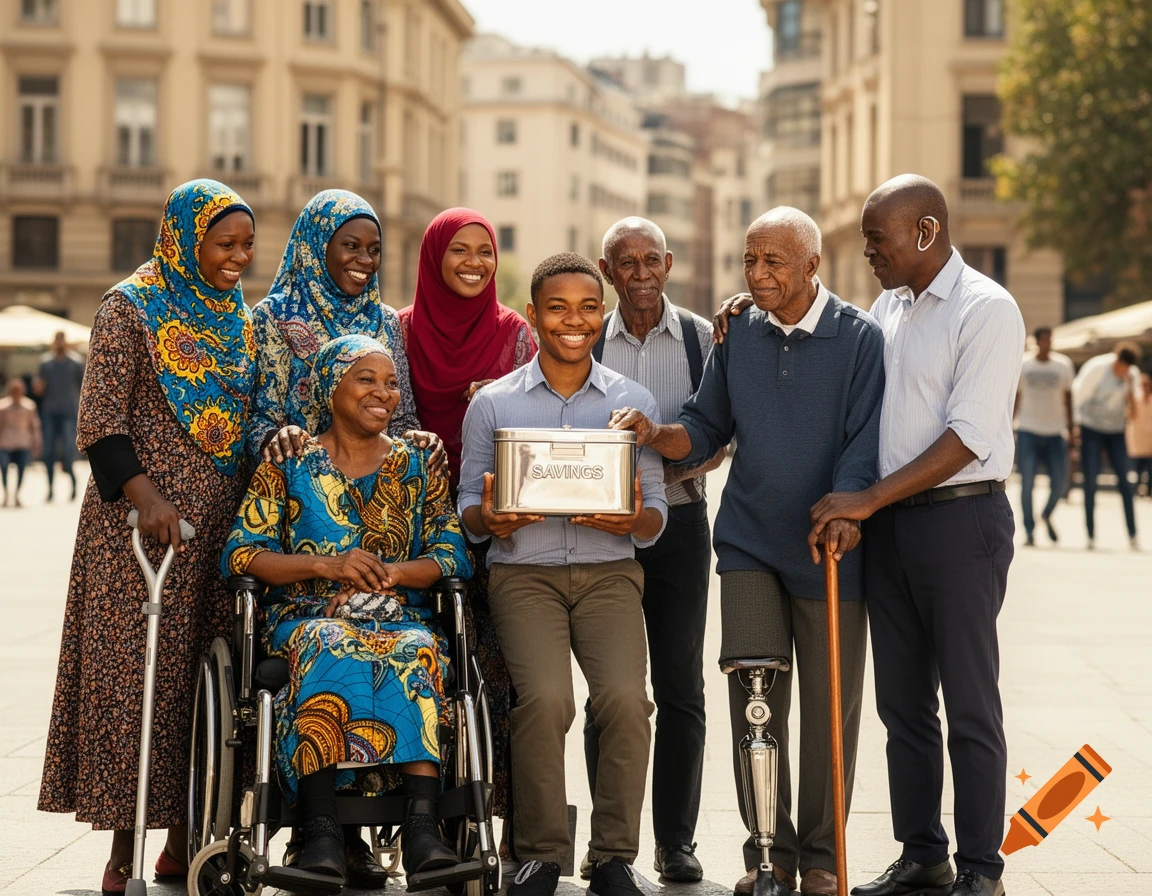 A diverse group of smiling African people, some with disabilities, pose outdoors while a young man holds a savings box. Photorealistic.