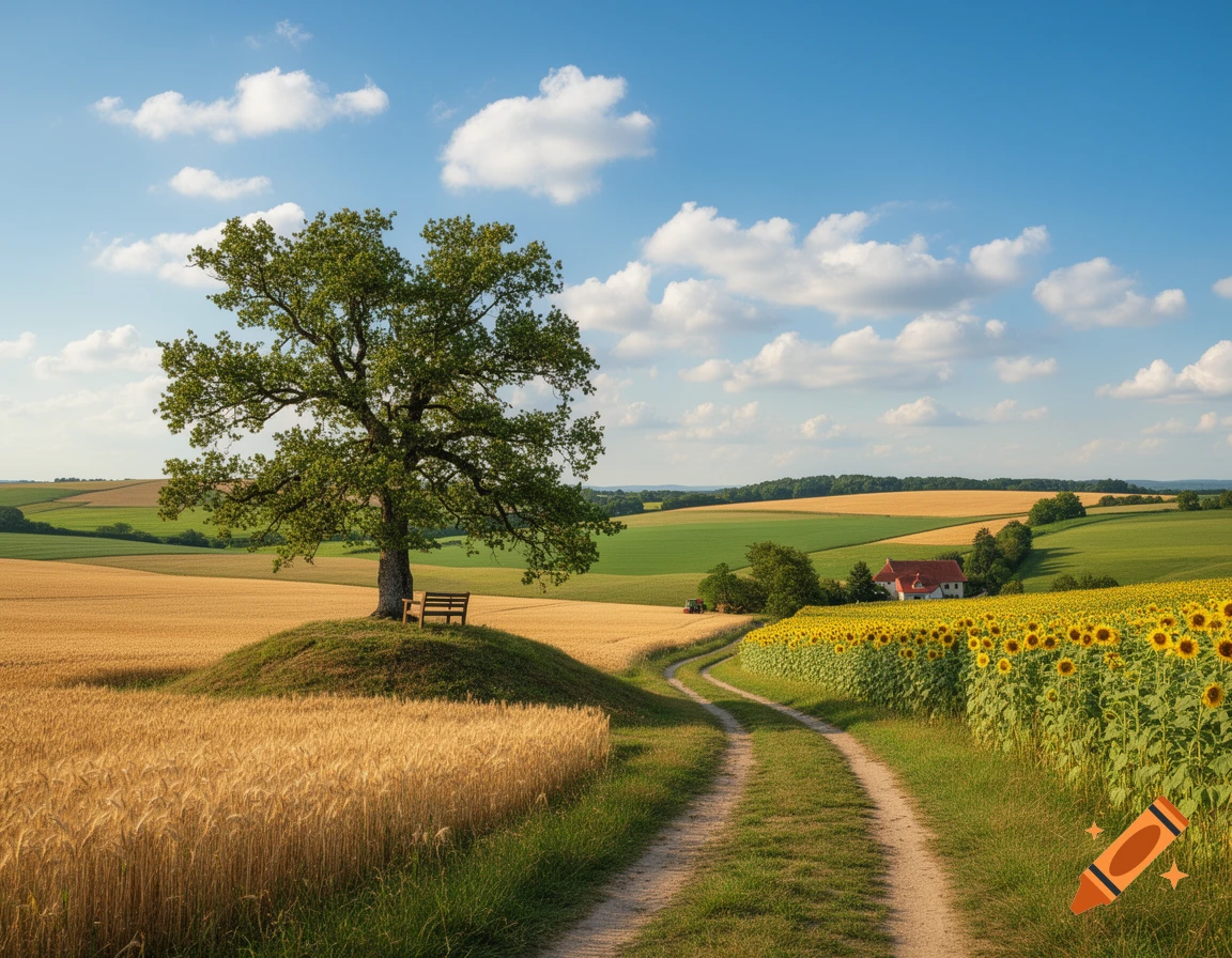 A sunny rural landscape featuring a large tree on a small hill, golden wheat fields, a winding dirt path, bright yellow sunflowers, and a house in the distance under a blue sky.