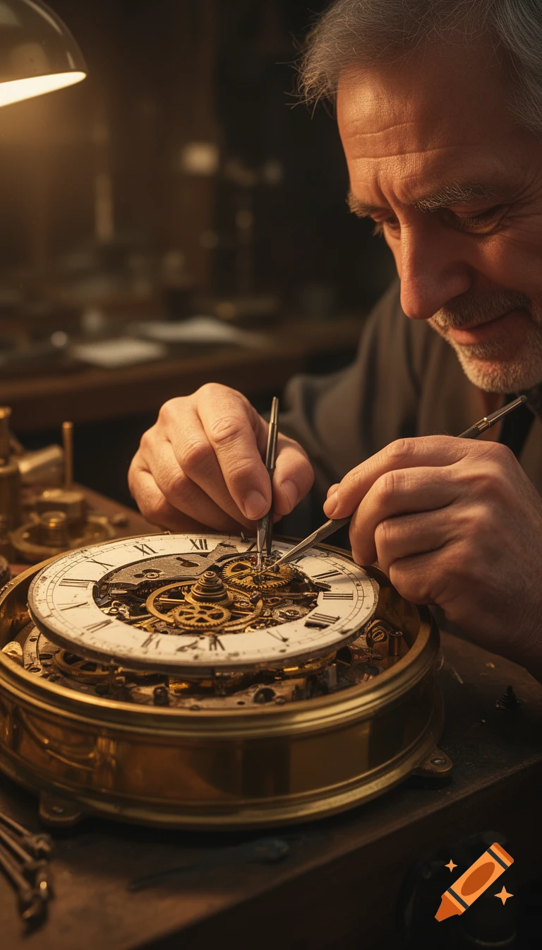 Close-up of a middle-aged man with grey hair carefully repairing an old, intricate clock movement with tools, in warm, cinematic light.