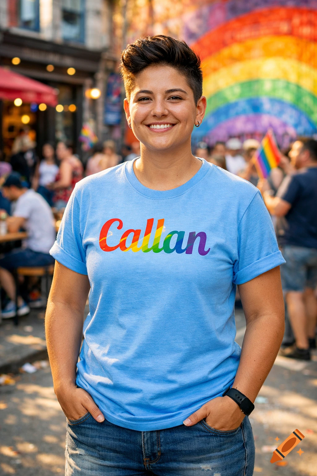 A smiling person with short hair wears a blue 'Callan' rainbow t-shirt at an outdoor pride event.