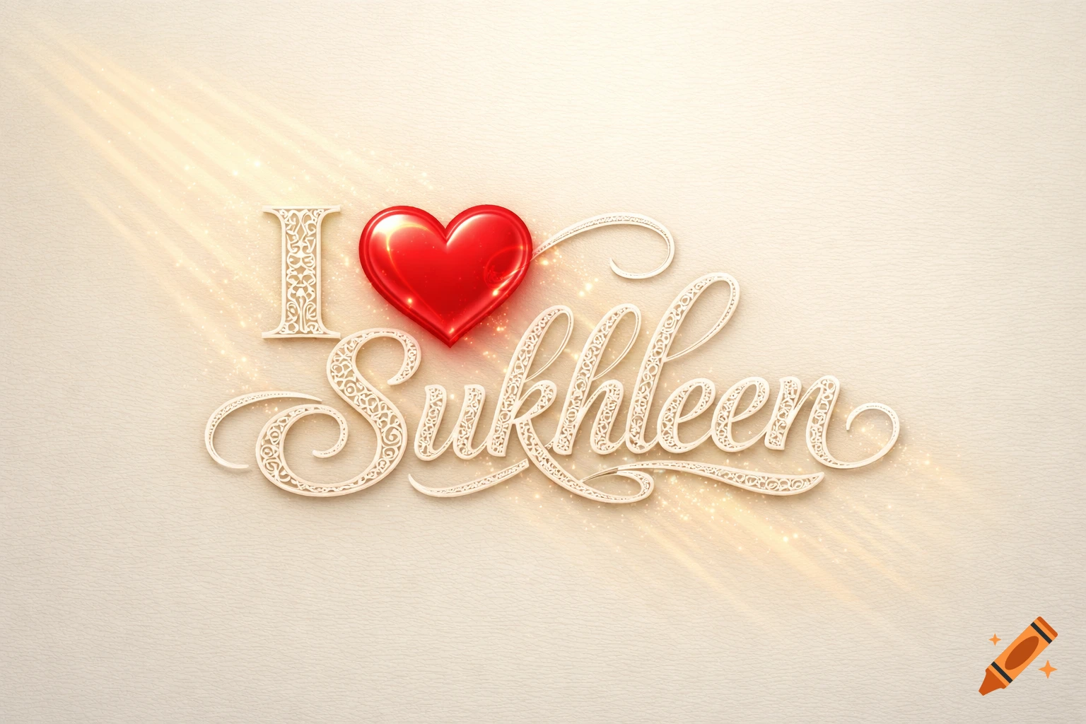 A decorative graphic with the phrase 'I Sukhleen' in ornate, embossed cream text with a glossy red heart, on a subtle textured background.