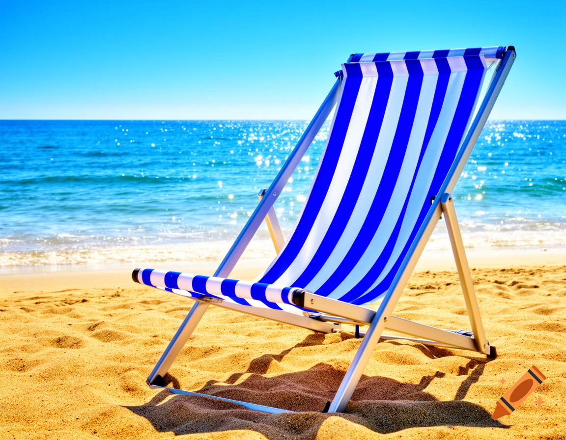 A blue and white striped beach chair sits on a sandy beach with the ocean and a clear blue sky in the background on a sunny day.