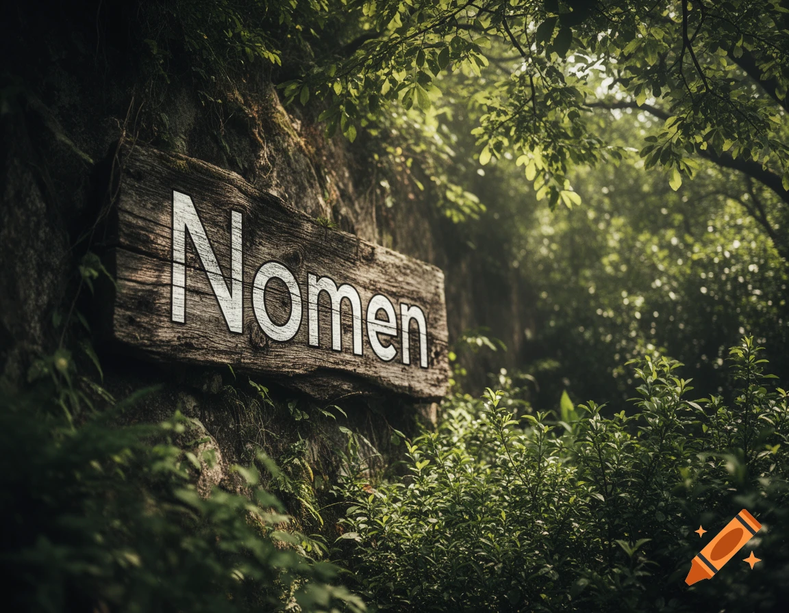 A rustic wooden sign reading 'Nomen' nestled amidst vibrant green foliage in a sun-dappled forest.