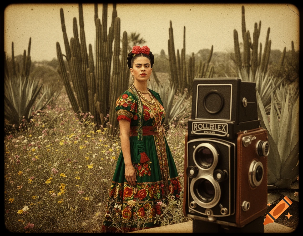 Frida Kahlo in traditional dress with flowers in her hair, standing in a sepia-toned desert landscape with a vintage camera.