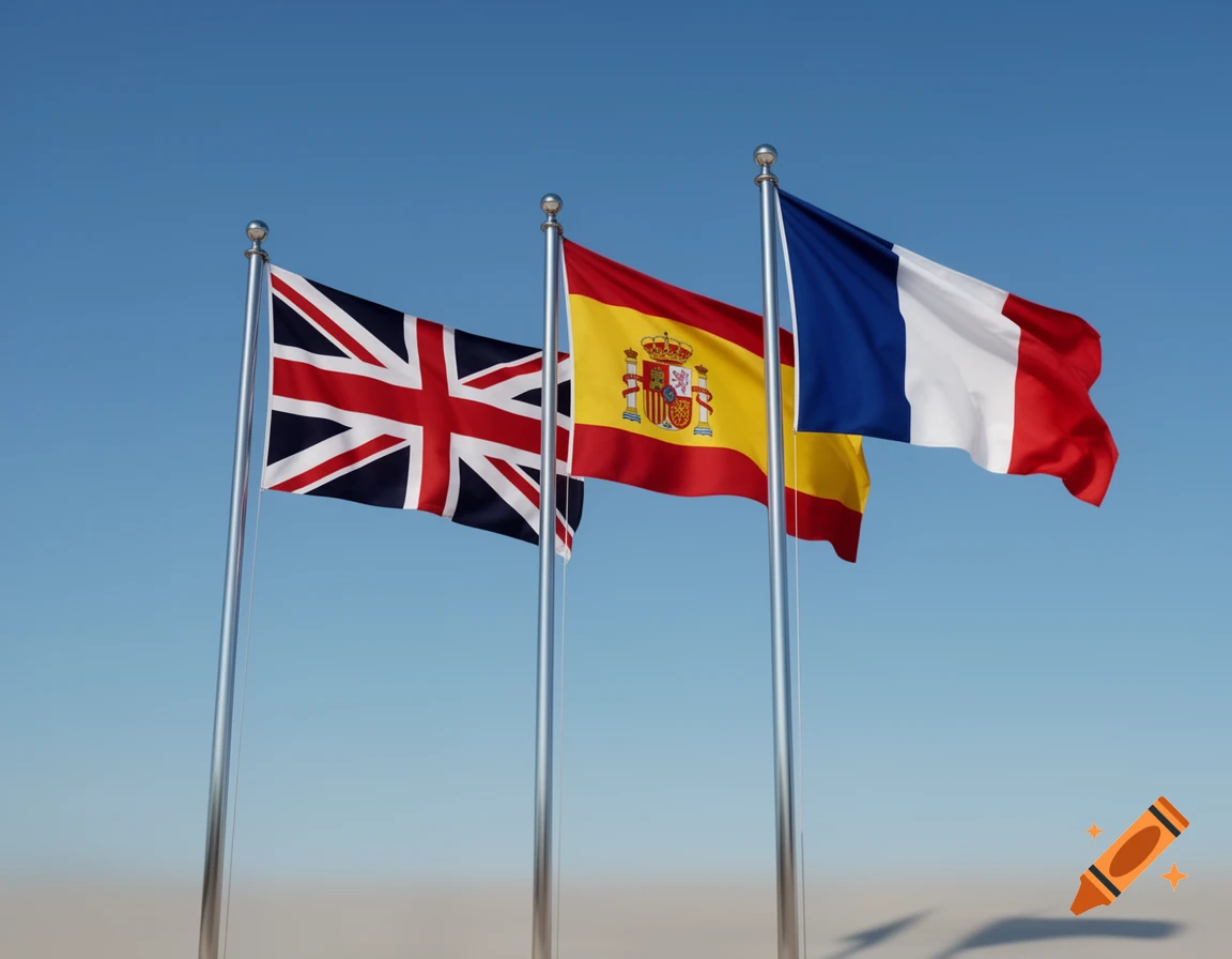 Three national flags, the Union Jack, Spanish flag, and French tricolor, wave on poles against a clear blue sky.