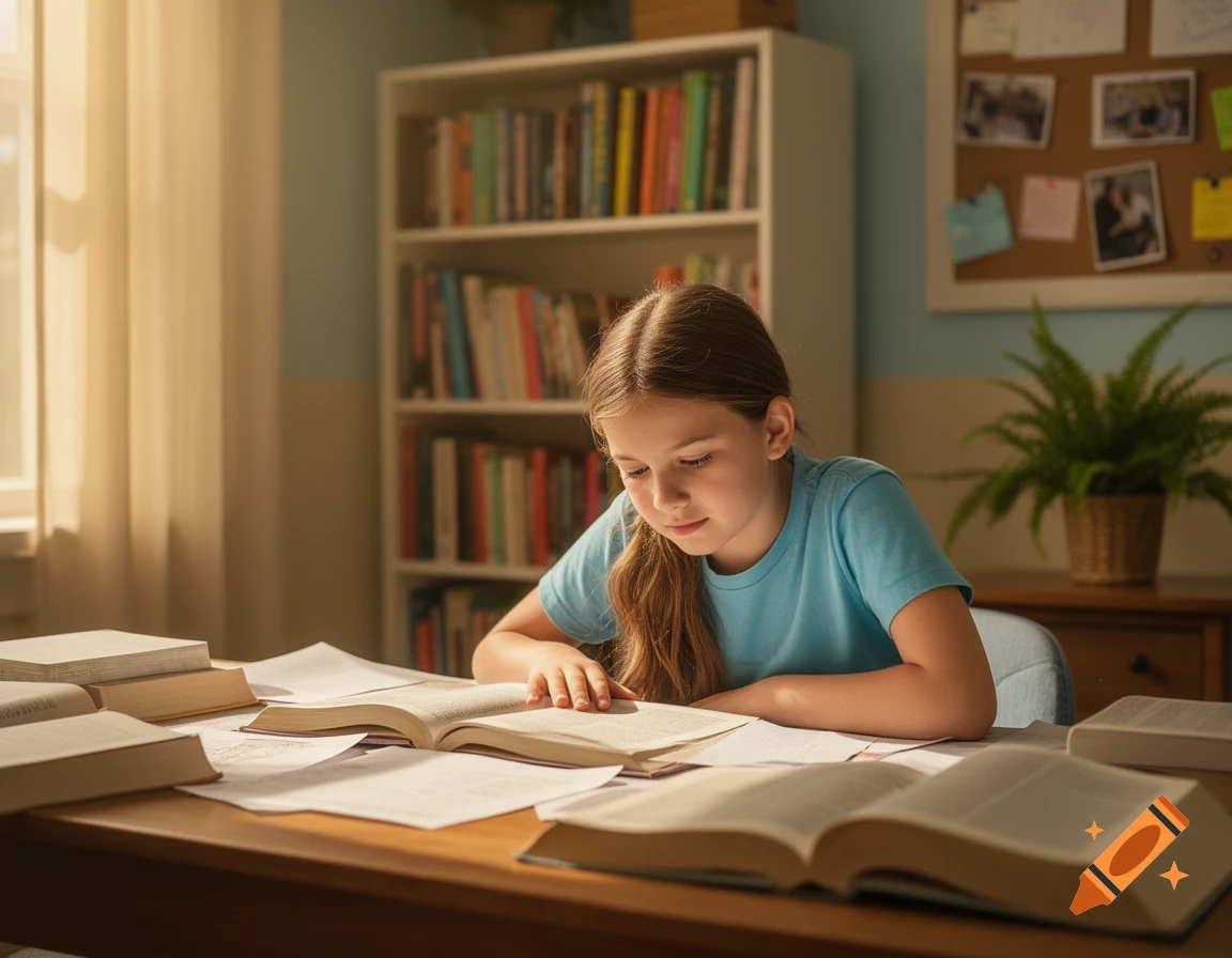 A young girl in a blue shirt studies at a desk with open books in a sunlit room with bookshelves.