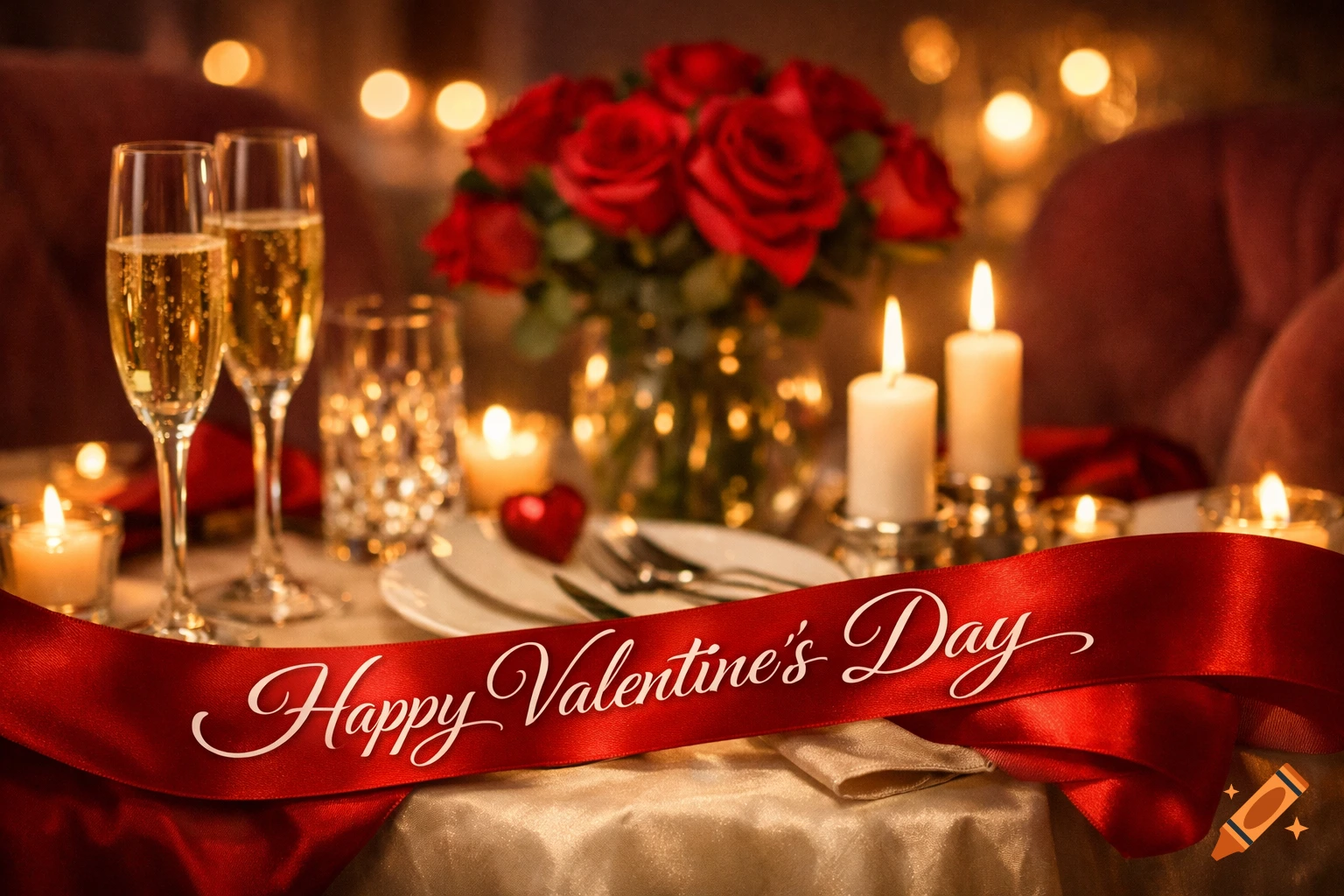 A romantic Valentine's Day dinner setting with two champagne flutes, red roses, lit candles, and a red ribbon saying "Happy Valentine's Day".