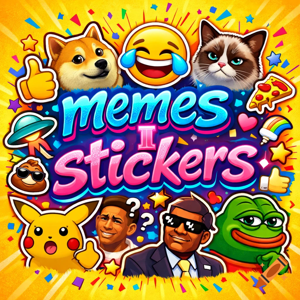 Vibrant collage of internet memes & emojis like Doge, Grumpy Cat, Pepe, Pikachu, and a laughing emoji, with "memes I stickers" in the center.