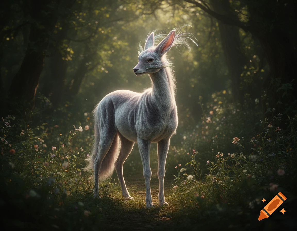 A slender, white, rabbit-eared mythological creature with fluffy fur stands elegantly in a sun-dappled forest path with wildflowers.