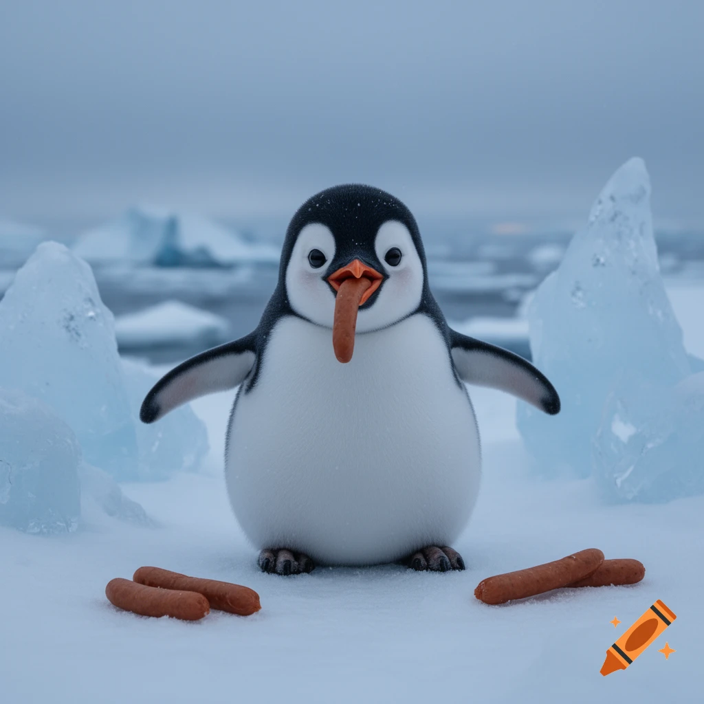 A fluffy baby penguin on a snowy arctic landscape with a sausage hanging from its beak and more sausages on the ground.