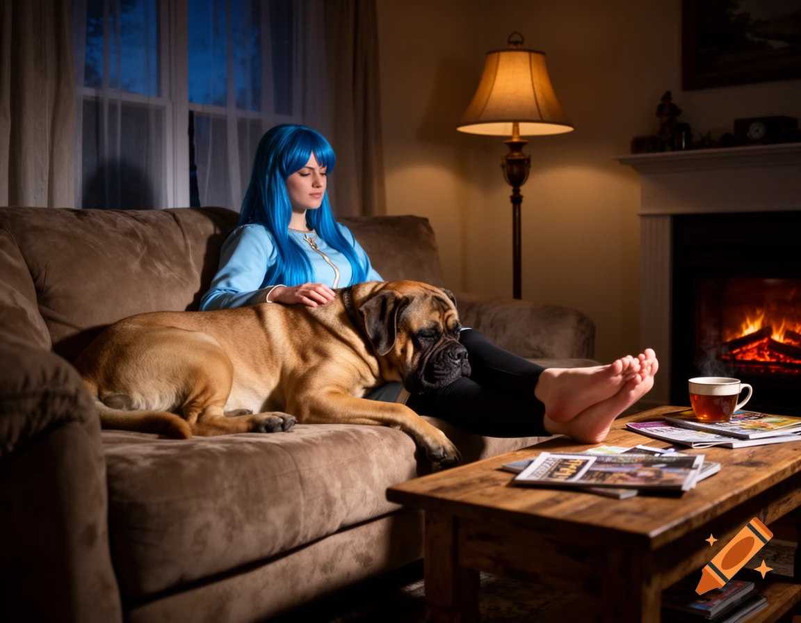 A woman with blue hair sits on a brown couch, petting a large English Mastiff. Her bare feet rest on a coffee table with magazines and a steaming cup. A fireplace glows in the background.