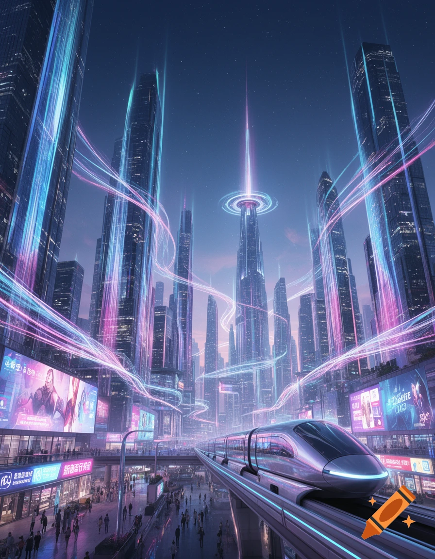 A vibrant futuristic cityscape at night with towering skyscrapers ...
