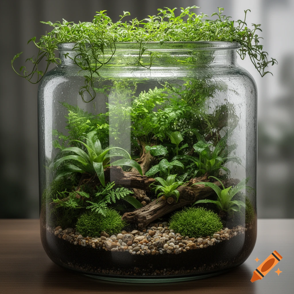 A detailed view of a lush green terrarium inside a clear glass jar, with various plants, moss, and tree bark. It sits on a wooden surface.