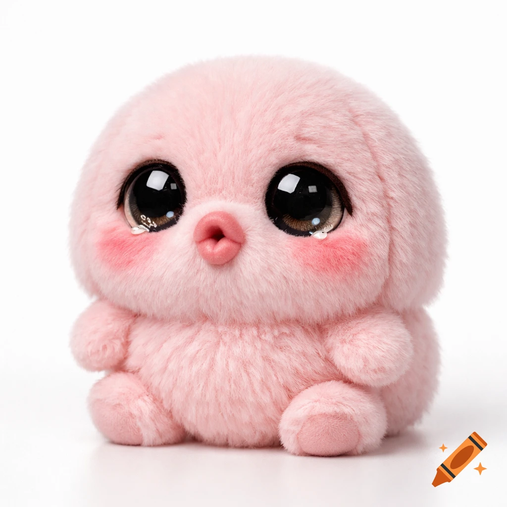 A cute, fluffy, pastel pink plush toy with big, glossy, teary eyes, blush cheeks, and a pouty mouth, on a white background.
