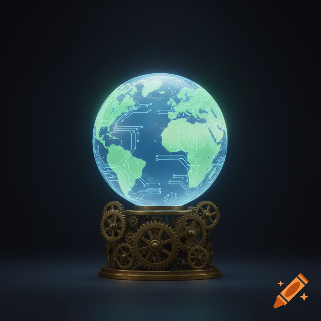 A glowing blue-green globe with circuit patterns on a brass mechanical base with gears, against a dark background, in a minimalist digital art style.