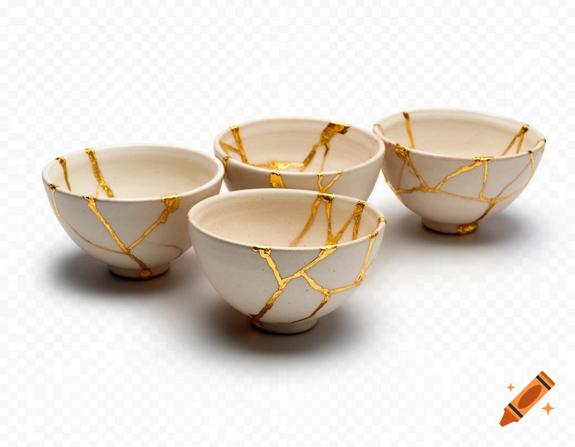 Four white clay kintsugi bowls with shimmering gold repairs, seen from a slightly elevated side view, on a transparent background with a subtle shadow.
