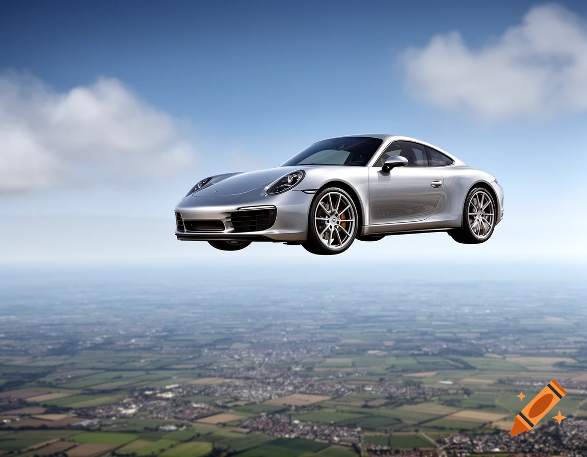A silver Porsche sports car floats in a clear blue sky above a vast green and brown landscape of fields and towns.