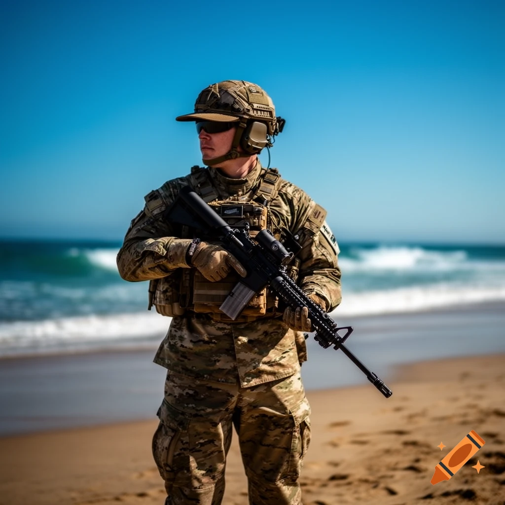 A photorealistic image of a soldier in camouflage gear, helmet, and sunglasses holding a rifle on a sandy beach.