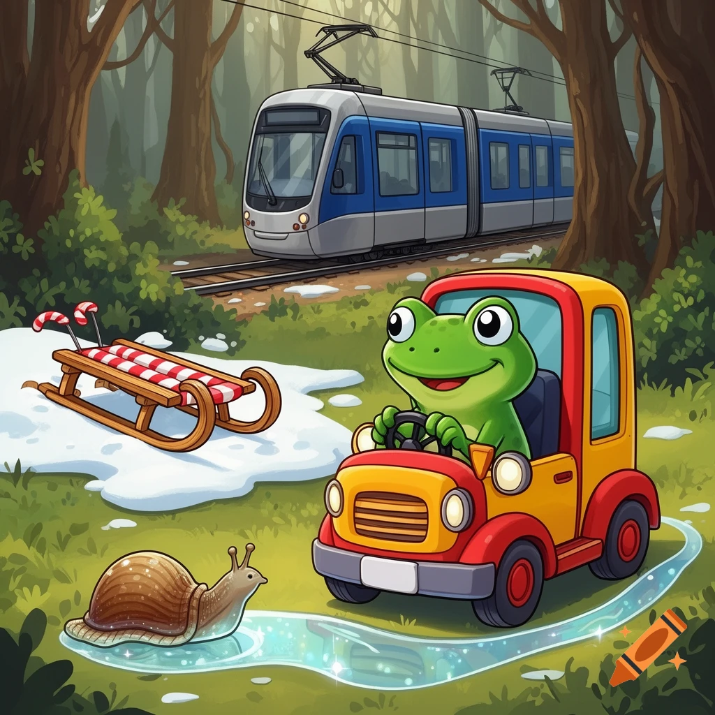 A cartoon frog drives a small car, a snail crawls, a tram on tracks ...