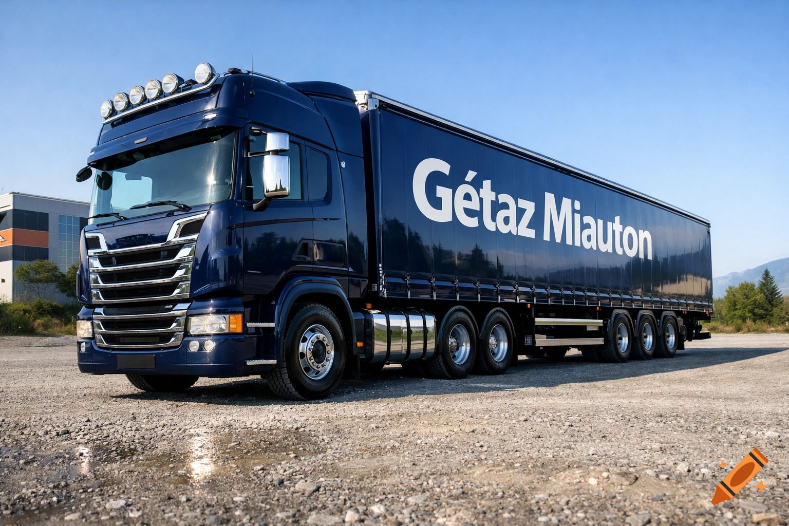 Photorealistic image of a dark blue semi-truck with 'Gétaz Miauton' on its trailer, parked on a gravel lot.