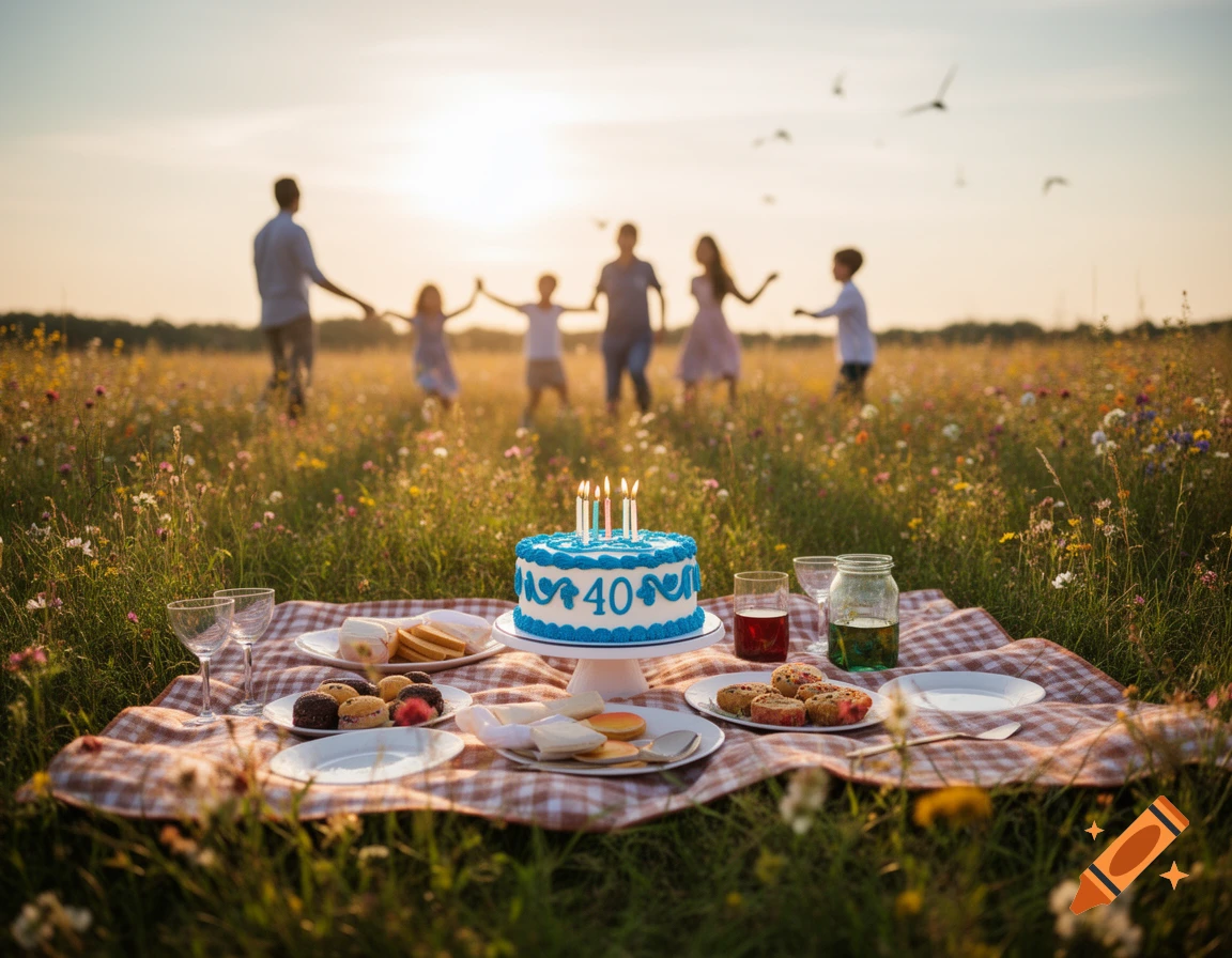 A family celebrates a 40th birthday with a picnic with a blue cake in a wildflower field at sunset.