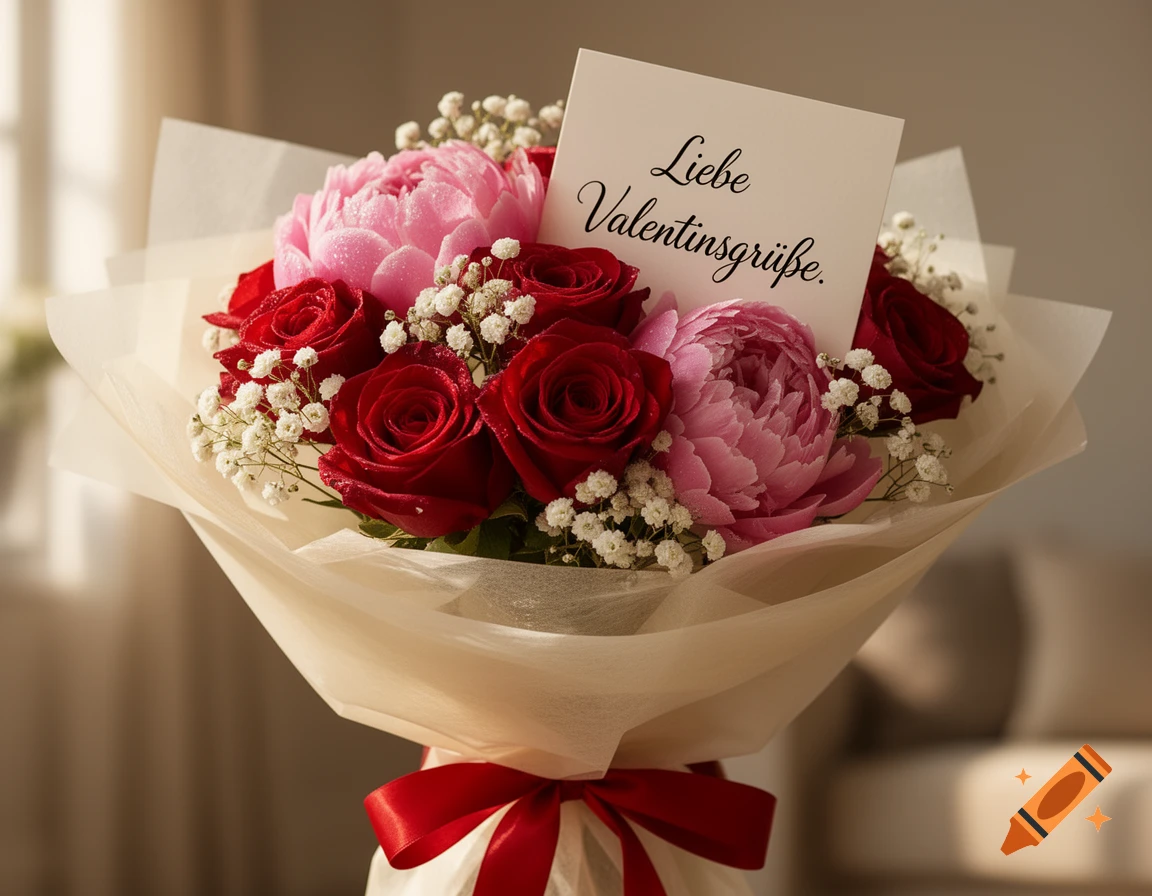 Photorealistic bouquet of red roses, pink peonies, and baby's breath, wrapped in white paper with a red ribbon and a 'Liebe Valentinsgrüße' card.