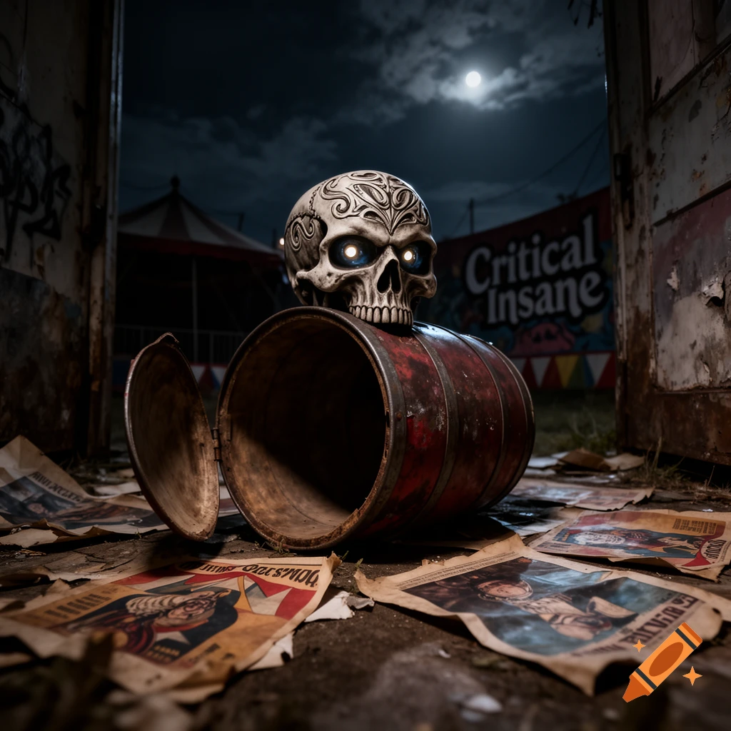 A skull with glowing blue eyes sits on a rusty barrel amidst scattered papers at a dark, abandoned circus at night. A banner reads 'Critical Insane'.