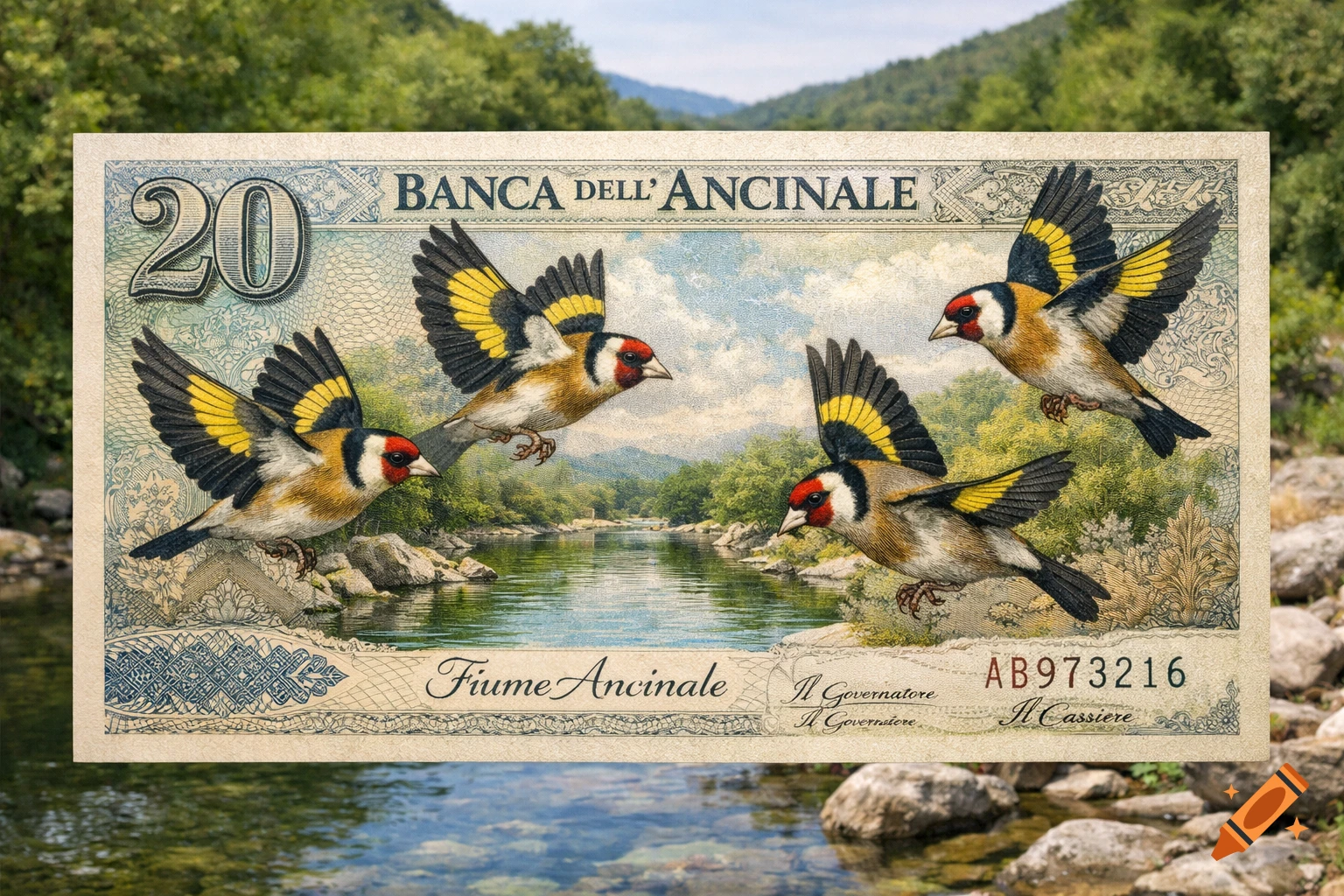 Illustrated banknote showing four goldfinches flying over a river with mountains in the background.