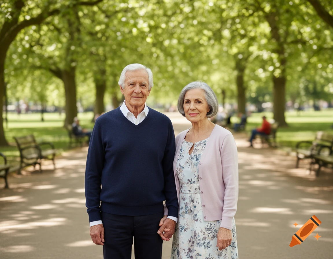A smiling senior couple holds hands in a lush, sunlit park with trees and benches.