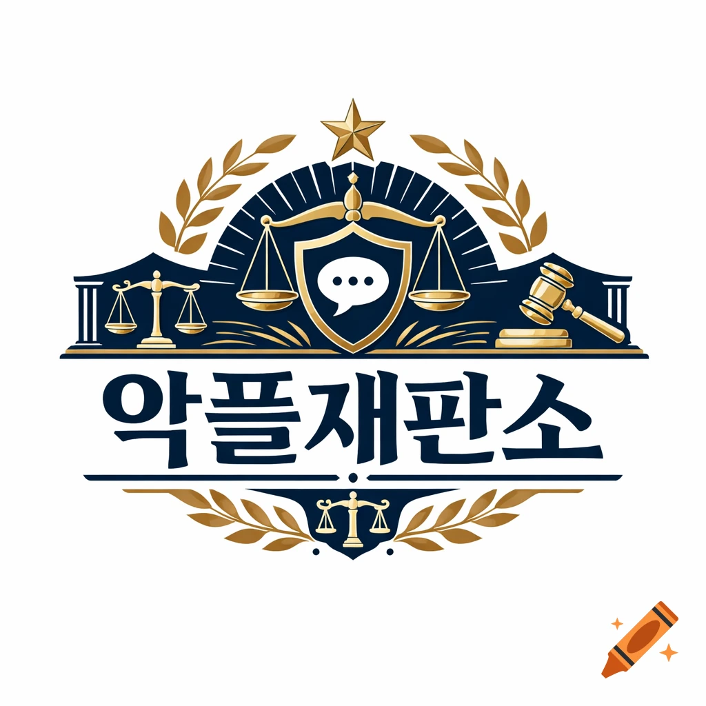 A dark blue and gold logo featuring scales of justice, a gavel, court columns, laurel wreaths, a star, and the Korean text '악플재판소'.