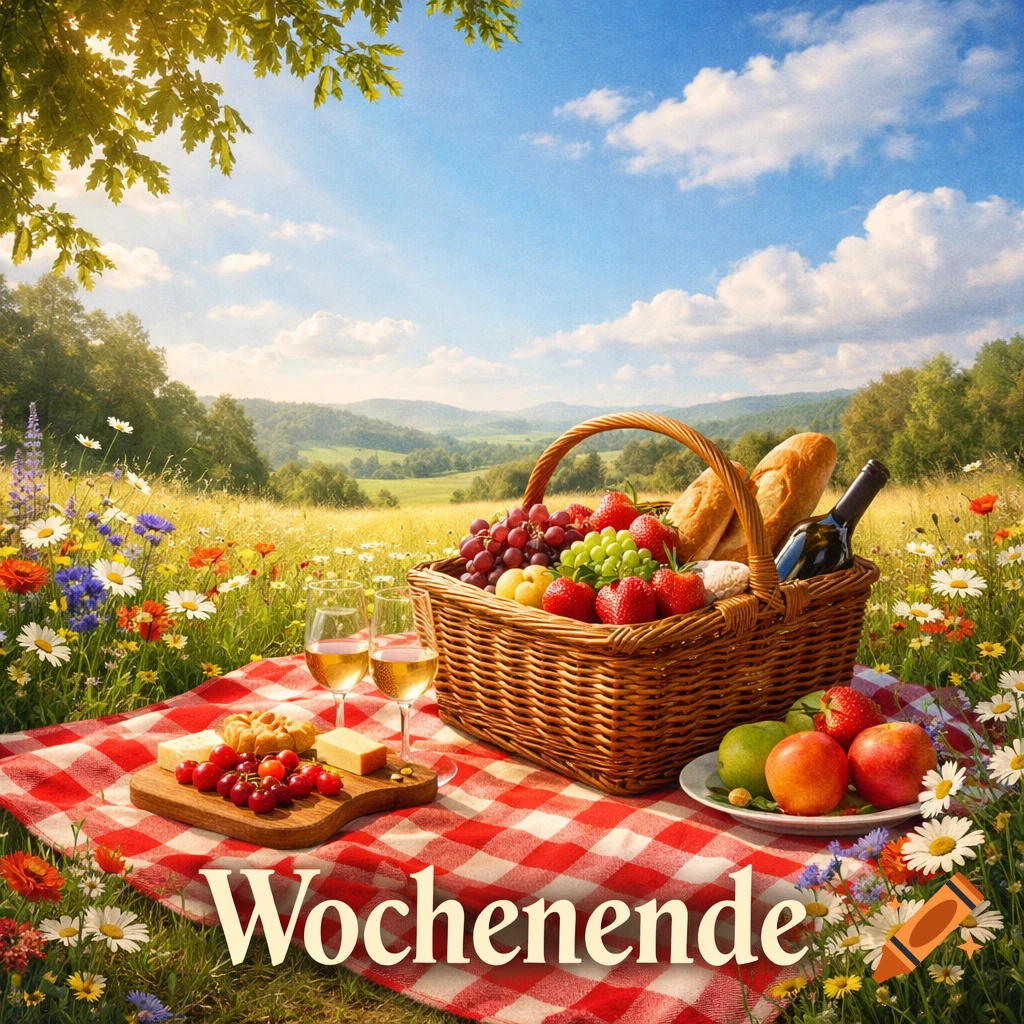 Photorealistic picnic with fruit, wine, cheese, and two glasses on a checkered blanket in a sunny meadow, with 'Wochenende' text.