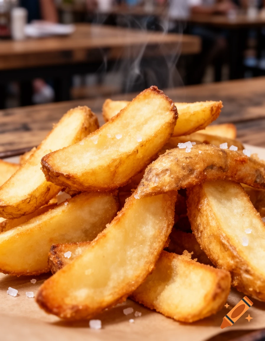 Close-up of golden, steaming potato wedges sprinkled with coarse salt on brown paper in a restaurant.