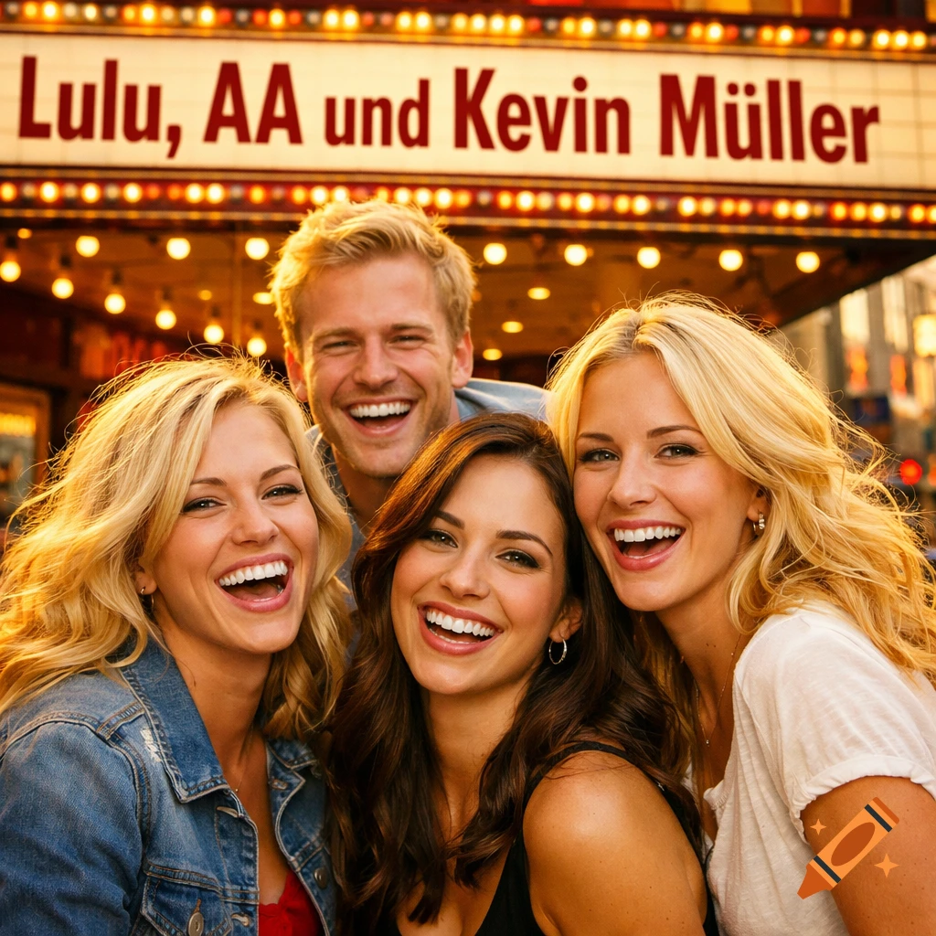 Four smiling friends, three women and one man, pose in front of a brightly lit theater marquee displaying 'Lulu, AA und Kevin Müller'.