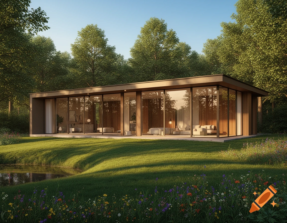 Photorealistic image of a modern glass house nestled among lush trees, beside a pond with wildflowers, under a clear sky.