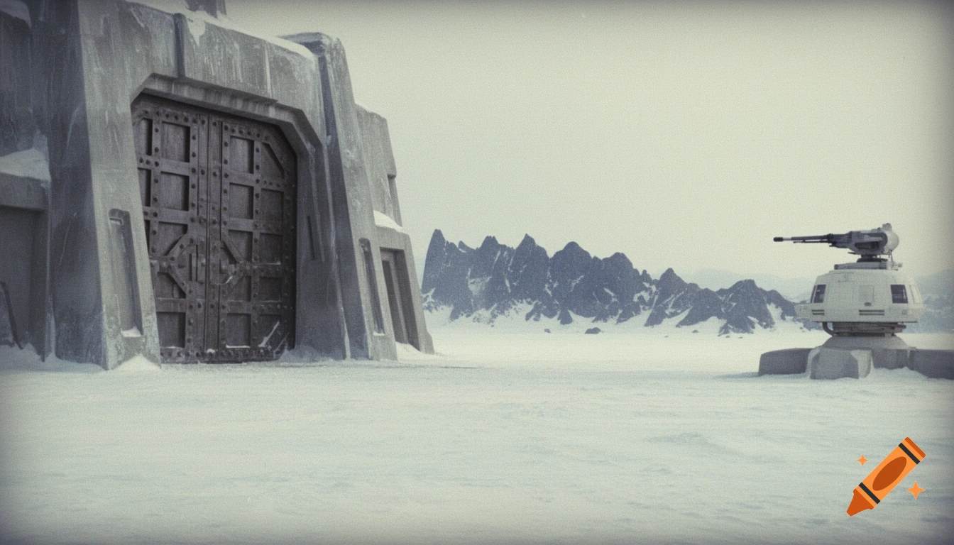 1970s photograph of massive metal doors to a snowy Rebel Base, with a white laser turret and rocky mountains.