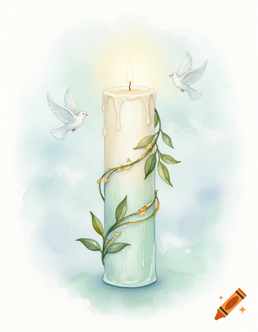 A glowing white candle wrapped with green leaves and golden accents, flanked by two white doves, in a watercolor style.